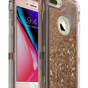MXX iPhone 8 Plus Case, Glitter 3D Bling Sparkle Flowing Liquid Case Transparent 3 in 1 Shockproof TPU Silicone Core + PC Frame Case Cover for iPhone 7 Plus/iPhone 8 Plus- (Clear/Rose Gold)